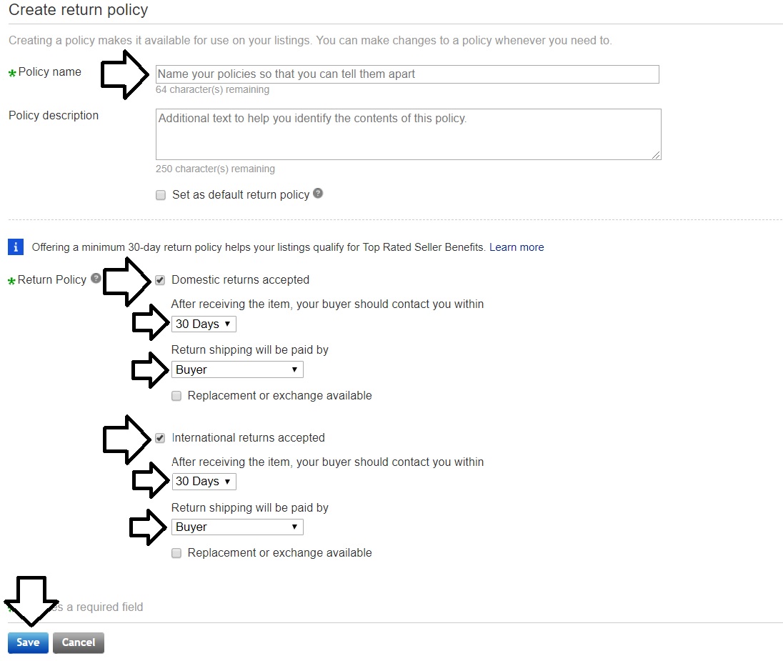 ebay返品ポリシーの作成方法。入力箇所