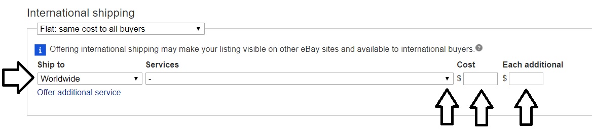 ebay発送ポリシーの作成方法。アメリカ以外。送料無料。入力箇所