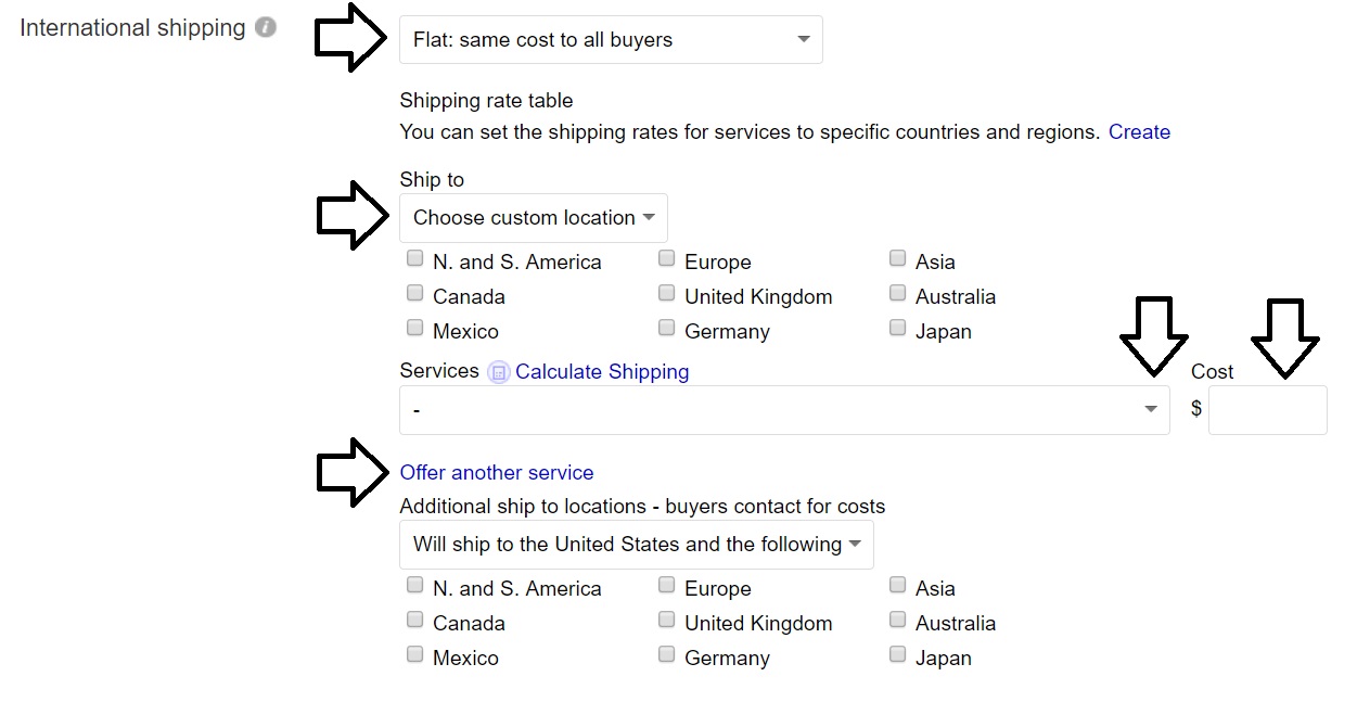 ebayの発送情報設定画面。アメリカ以外の国への発送